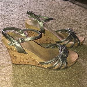 bass gray strap wedge heels